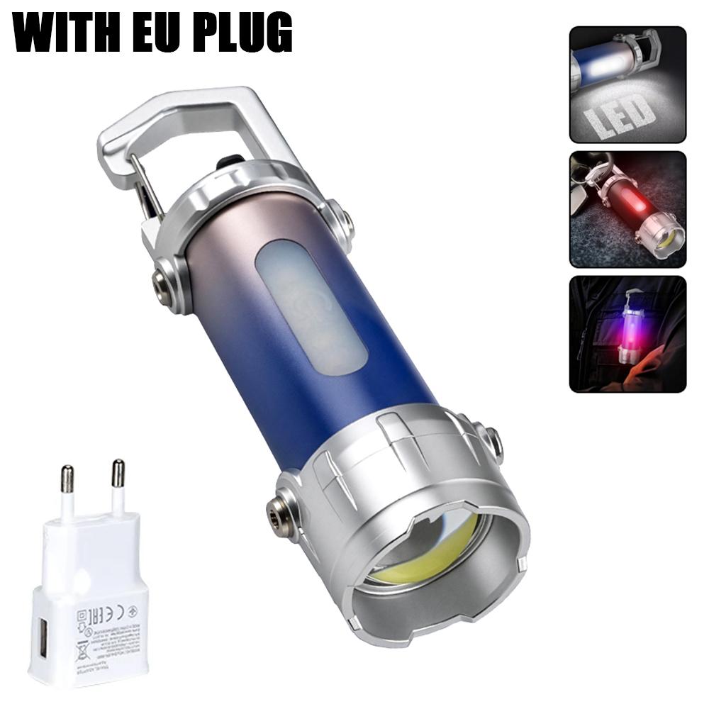 Mini LED COB Flashlight USB Rechargeable Torch with Hook Outdoor Emergency Working Lantern with Red Blue Light Keychain Light
