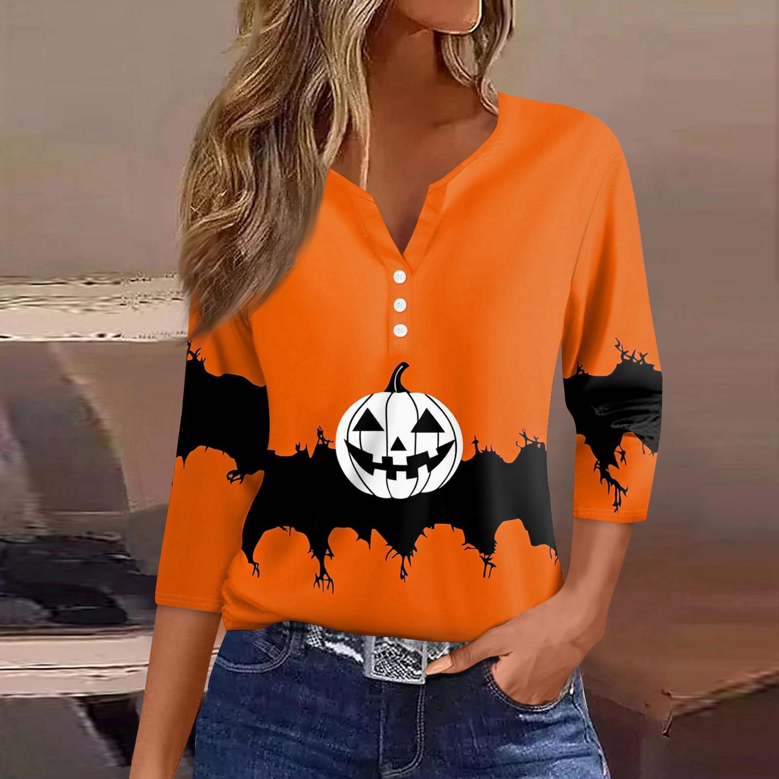 

Женская футболка Футболка Хэллоуин Принт Пуговица Рукав 3/4 Туника Повседневная Мода Выходного дня Базовая V-образный вырез Обычный топ M шафрановый