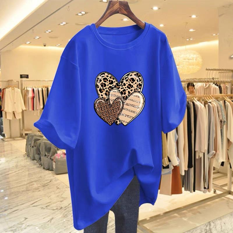 Cotton love print t-shirt women's summer fashion crew neck top large size women's clothing