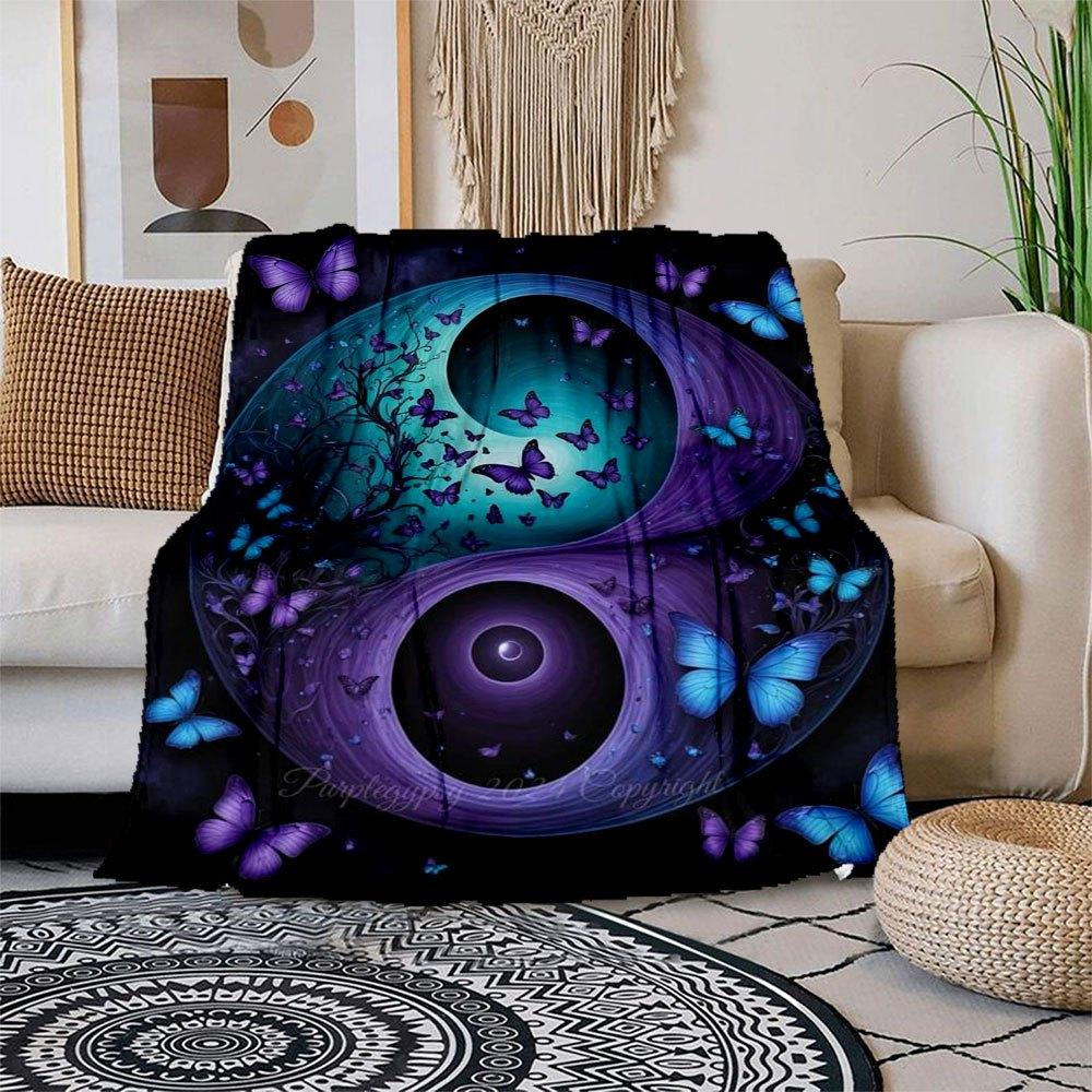 Yin Yang Harmony: A Symphony of Butterflies in Purple & Blue Blanket Flannel Throw Blanket for Sofa, Bed, Travel, Camping, Office 100x150cm