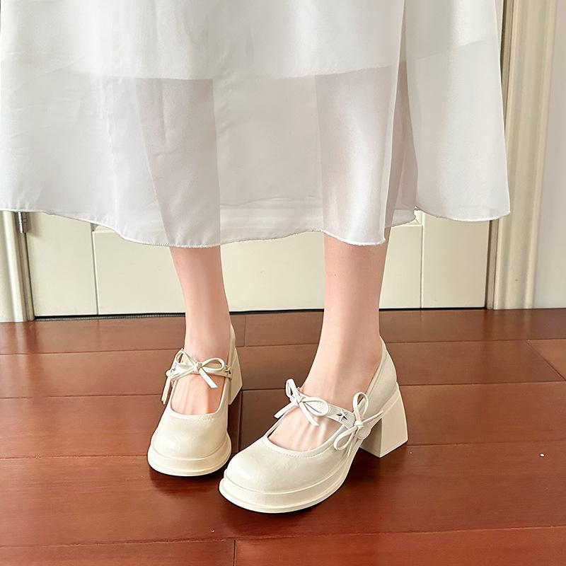 French white horse waterproof table Lizhen shoes spring and autumn small leather shoes fairy wind bow thick high heel single shoes female