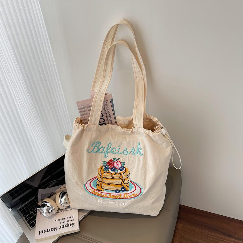 Canvas Bag Women'S Large Capacity Summer Simple Versatile Shoulder Bag Drawstring College Student Class Tote Bag