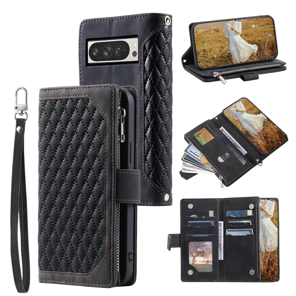 Style 005 For Google Pixel 9 Pro XL Wallet Case Rhombus PU Leather Zipper Phone Cover