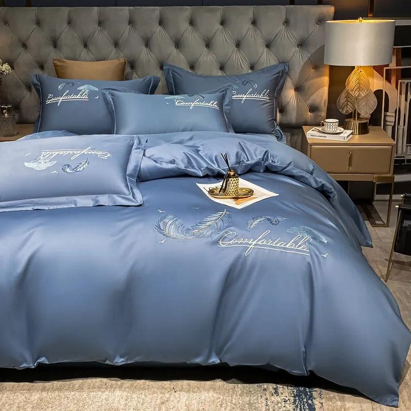 

4 шт./компл., вышитое матовое пододеяльник, наволочка, постельное белье, четырехсекционная двуспальная кровать, удобный легкий, роскошный комплект голых спальных простыней Twin 4 pcs синий