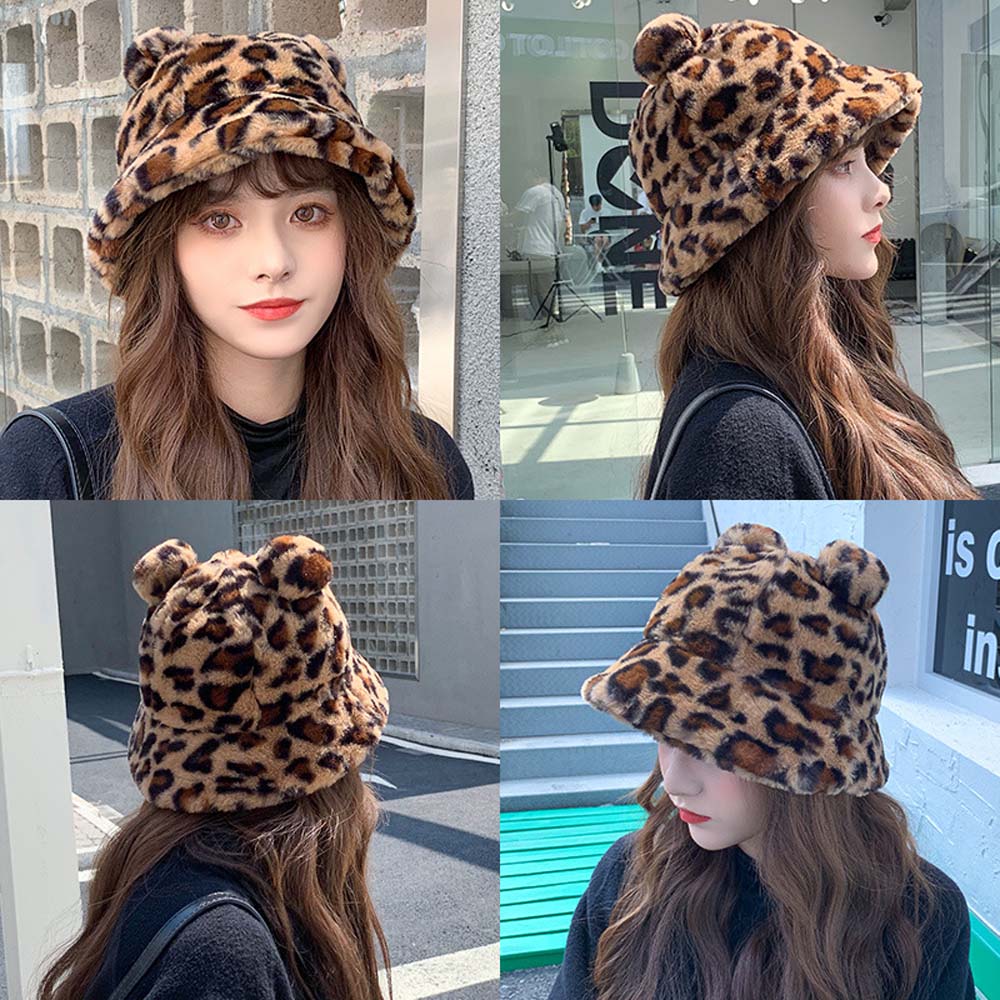 Cute Sweet Korean Bear Ears Leopard Women Bucket Hats Fisherman Hat Plush Basin Hat