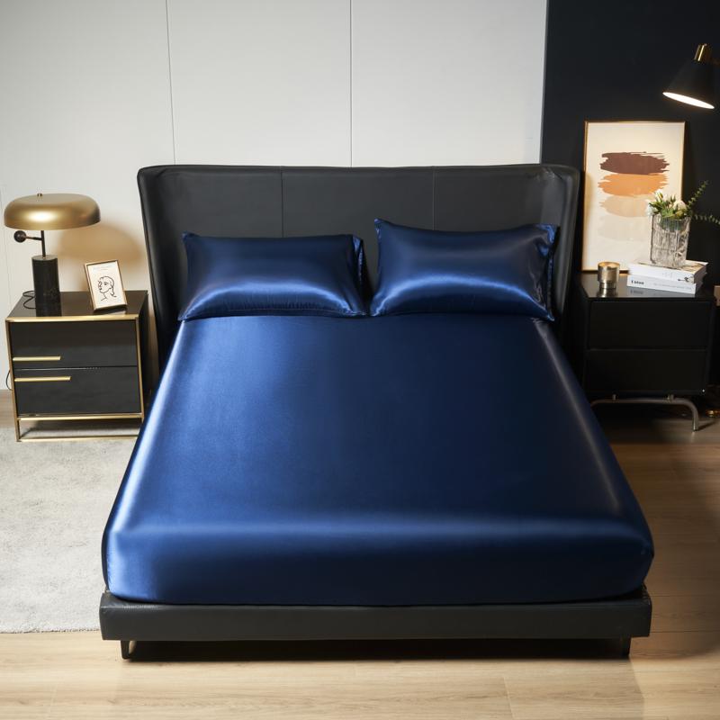 1Pc Satin Fitted Sheet Solid Colour Twin Full Queen Ice Silk Mattress Cover Natural With Elastic Band Bed Sheet (No Pillowcase)