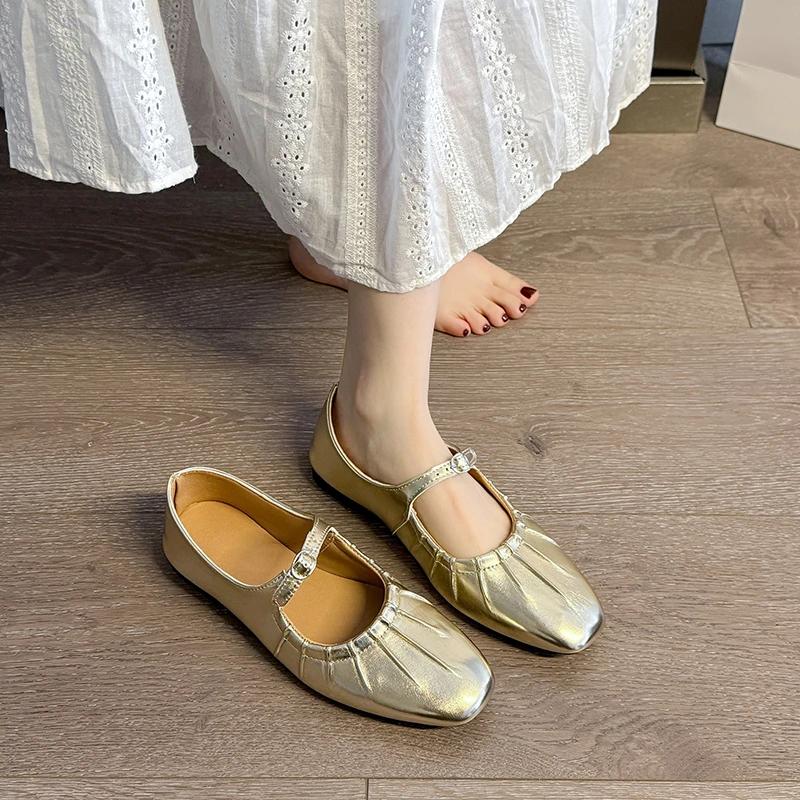 2025 Mary Jane Shoes Glossy Leather Ballet Flats Fashion Pleated Low Heel Single Loafers Women Soft Sole Casual Mules Pumps