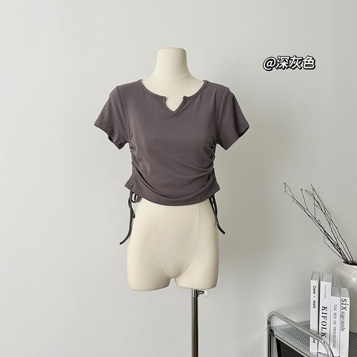 

318 #physical niche design, small v-neck slim and thin pleated drawstring, short short-sleeved t-shirt for women XL темно-сірий