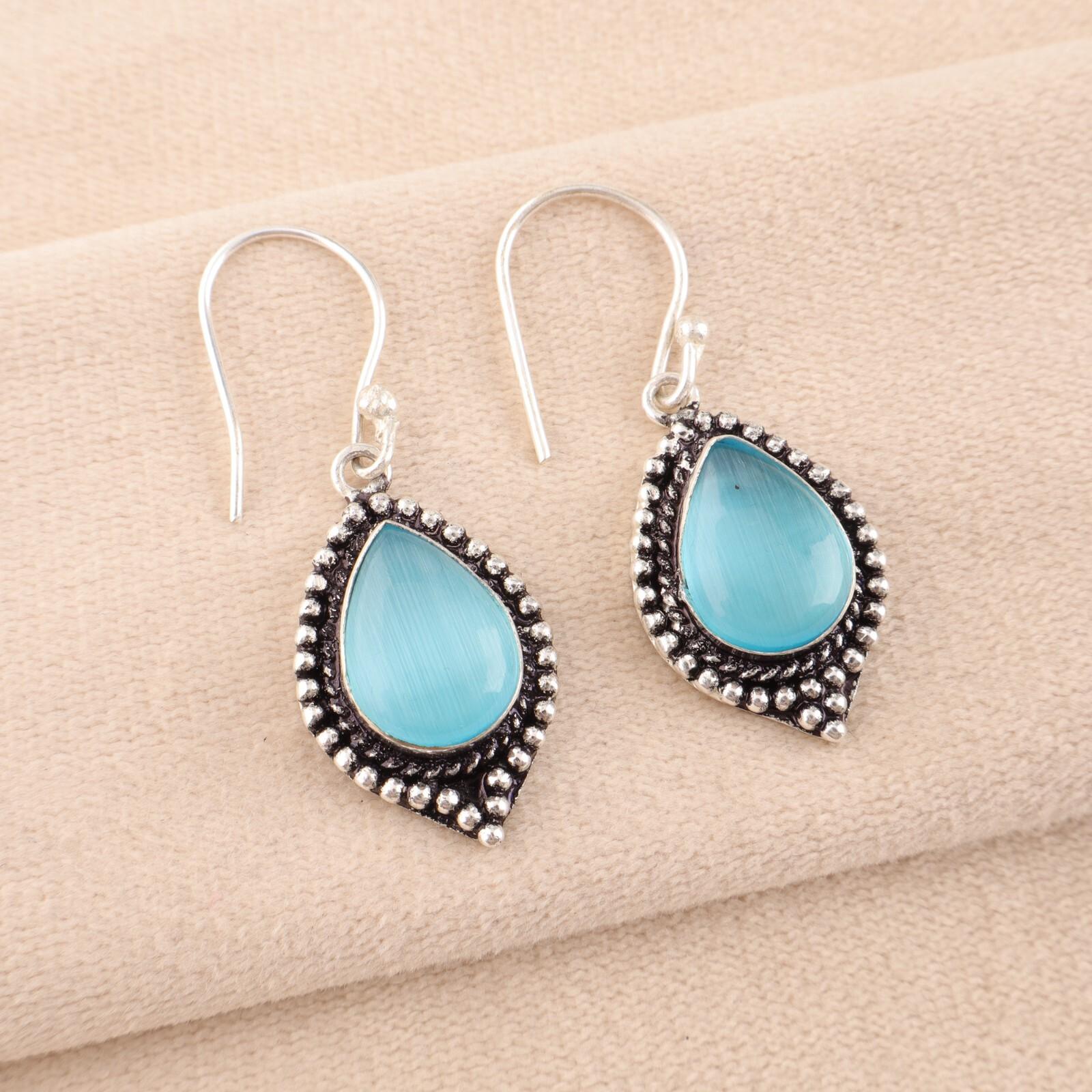 

Натуральный голубой камень «кошачий глаз» Ювелирные изделия из серебра 925 пробы Ручная работа Серьги 1,6 EE-164-38