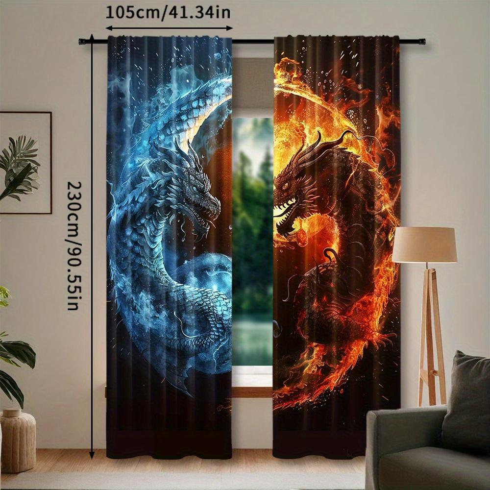 2pcs Dragon Rod Pocket Curtains   Woven Polyester Pongee Blackout Panels   Tai Chi and Fire Pattern   Semi-Sheer Embossed Window Dr