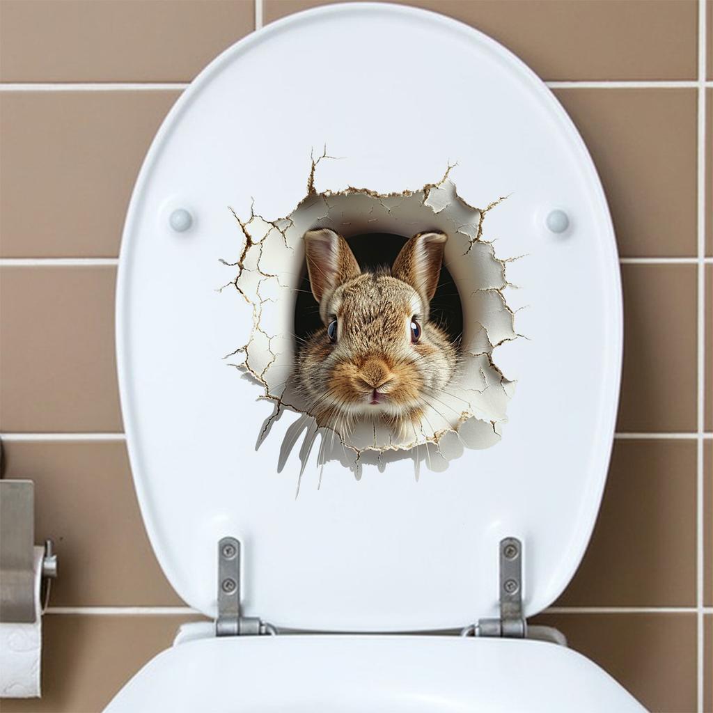 3D Peeking Bunny Toilet Stickers, Cute Breaking Wall Rabbit Waterproof Removable Self-Adhesive