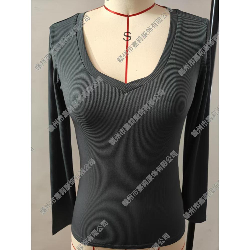 Women Ribbed Slim Long Sleeve Top, Sexy V Neck Long Length Casual T-shirt