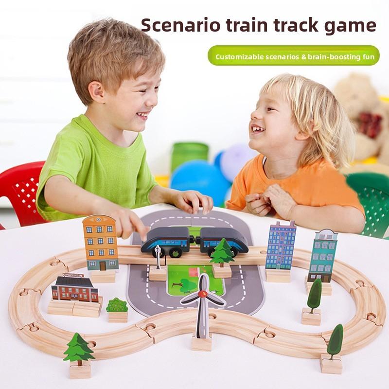 Wooden Train Track Set With 46 Pieces For Kids Educational Play And Imaginative Building