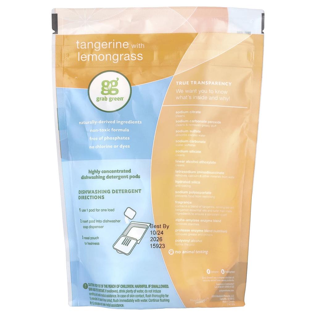 Automatic Dishwasher Detergent Pods, Tangerine, Lemongrass, 24 Loads, 432G(15.2Oz)