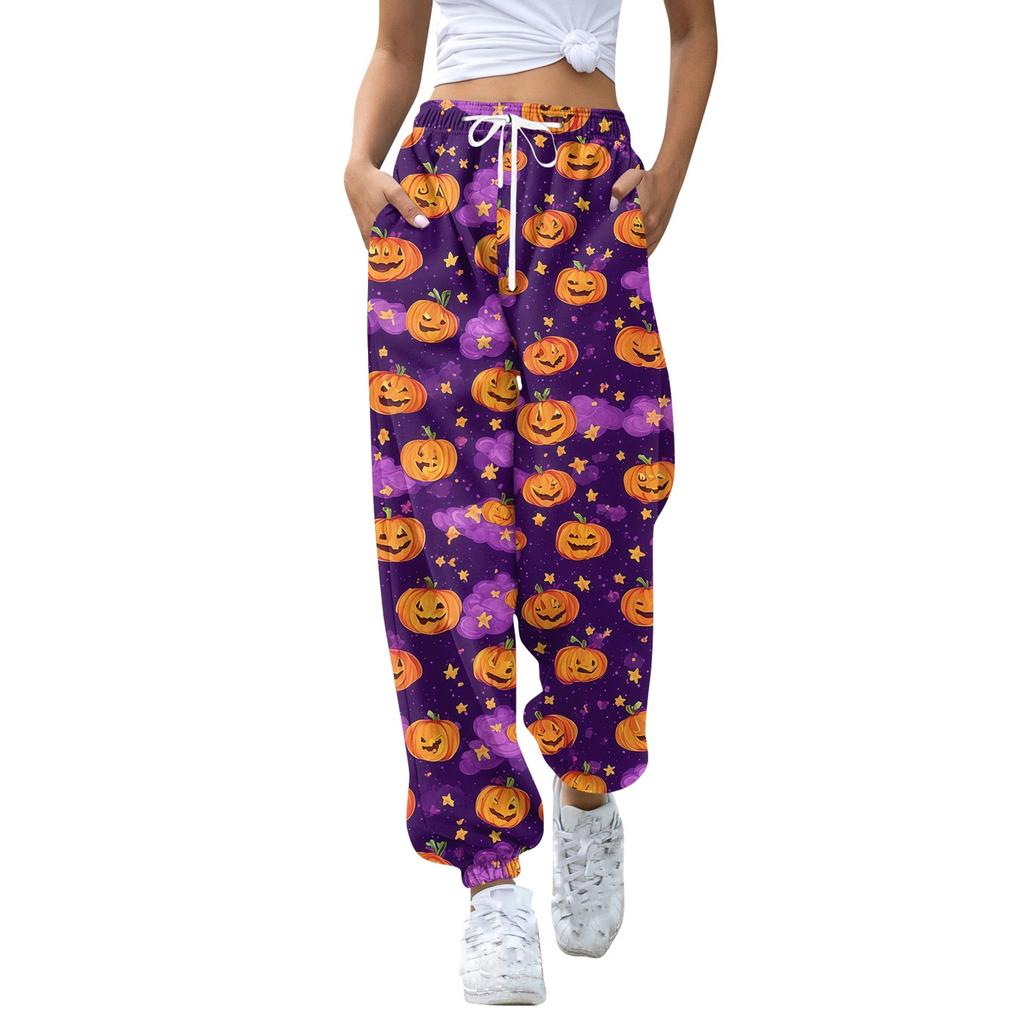 Women's Halloween Print Joggers Sweatpants - Drawstring Elastic Waist Cuffed Casual Pants for Fall Holiday Party
