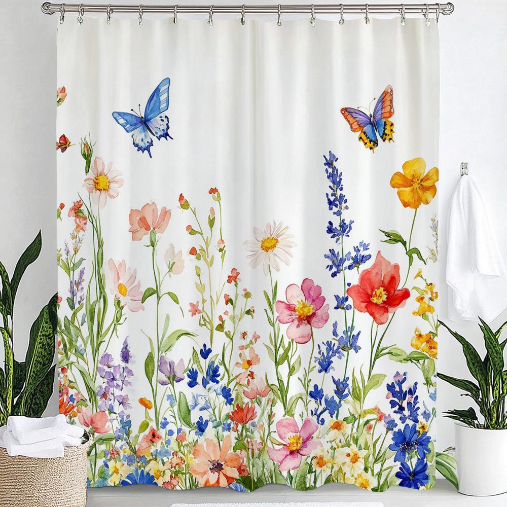 Beautiful Flowers Shower Curtain for Bathroom Blue Floral Romantic Wildflower Plants Nature Scenery Home Decor Curtain with Hook