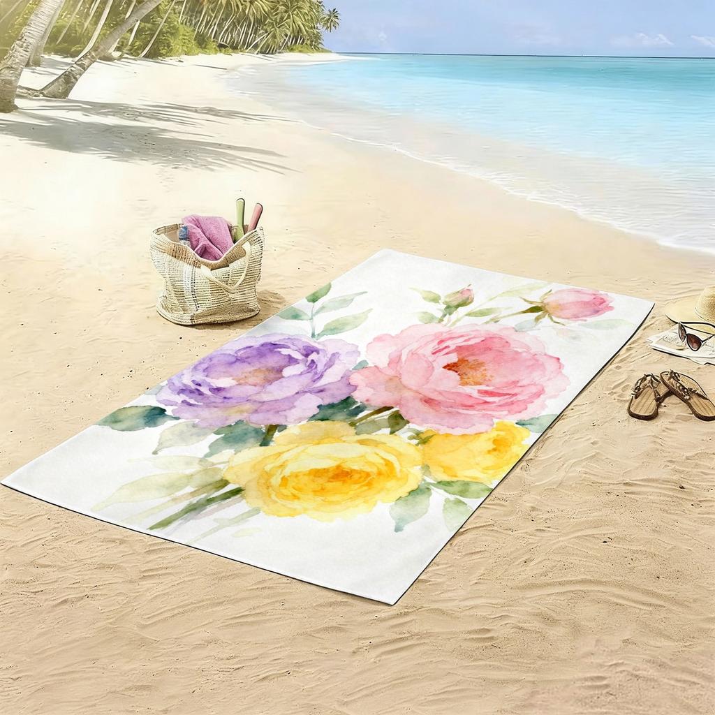 Oversized Floral Beach Towel, Soft Microfiber Quick Dry Watercolor Peony Print Bath Towel, Large Beach Blanket for Pool & Travel
