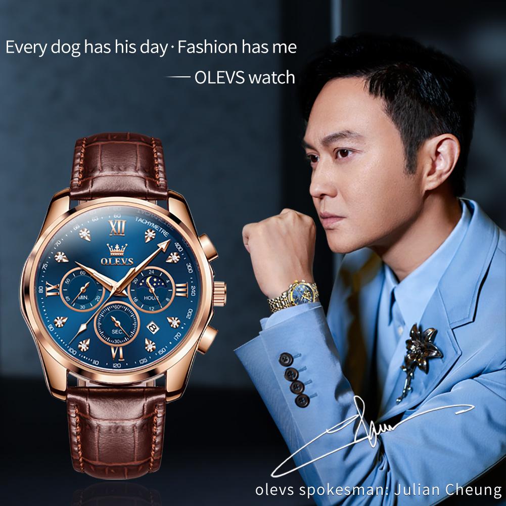 OLEVS 2888 Men's Watches Fashion Style Original Quartz Watch for Man Comfortable Leather Strap Waterproof Luminous Moon Phase