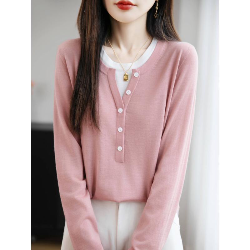 Autumn Winter Round Neck Fake Two Pieces Patchwork Sweater Women Casual All-match Pullover Knitting Top