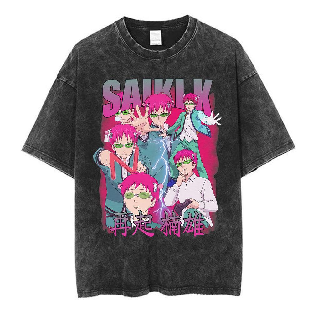 

Anime The Disastrous Life of Saiki K Vintage Washed Short Sleeve TShirt Saiki Kusuo Fashion Harajuku Hip Hop Casual Tee Shirts S