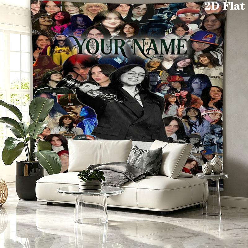 Arazzo da Parete con Nome Personalizzato Billie Eilish Appeso Estetico alla Parete Coperta in Tessuto Stampato Arazzi Decorativi per Camera da Letto Soggiorno Decorazioni per la Casa