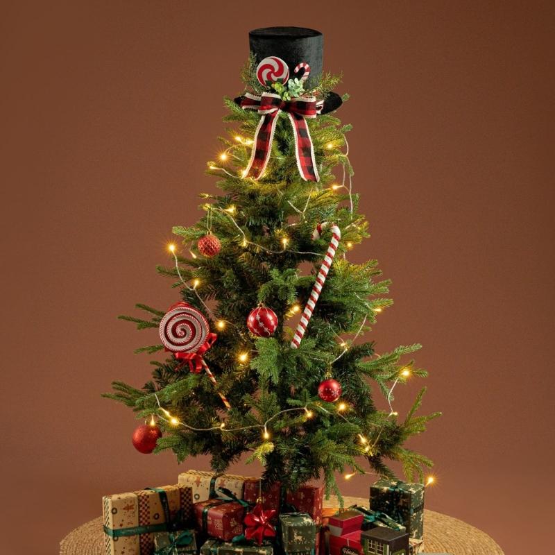 Black Fabric Christmas Tree Toppers With Elegant Bowknot Hat Decoration For Holiday Home Office Decoration