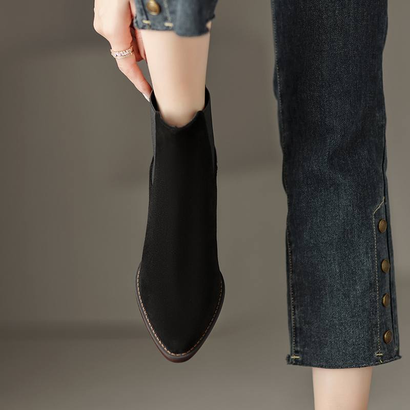 Krazing Pot Piele intoarsa de vaci iarna varf rotund gros tocuri joase cizme chelsea in crestere femei marime mare 41 botine la glezna