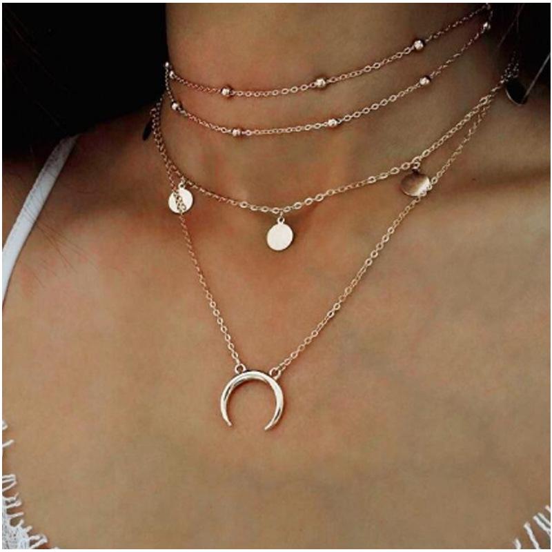 European & American Fashion Multi-layer Moon & Round Bead Choker Necklace