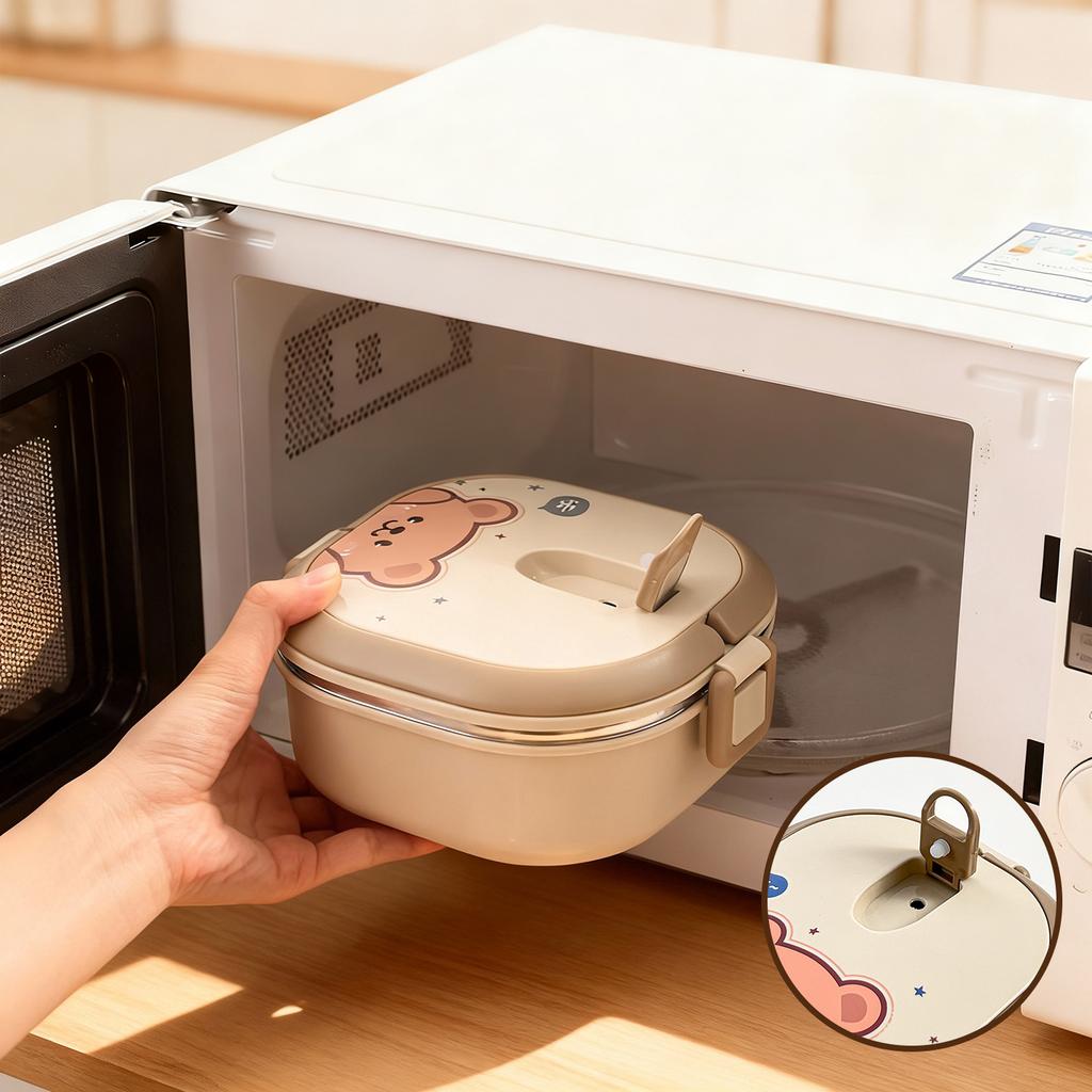 WORHTBUY Cute Square Insulated Food Container With Spoon Portable Large Capacity Stackable 304 Stainless Steel Lunch Box For Kid