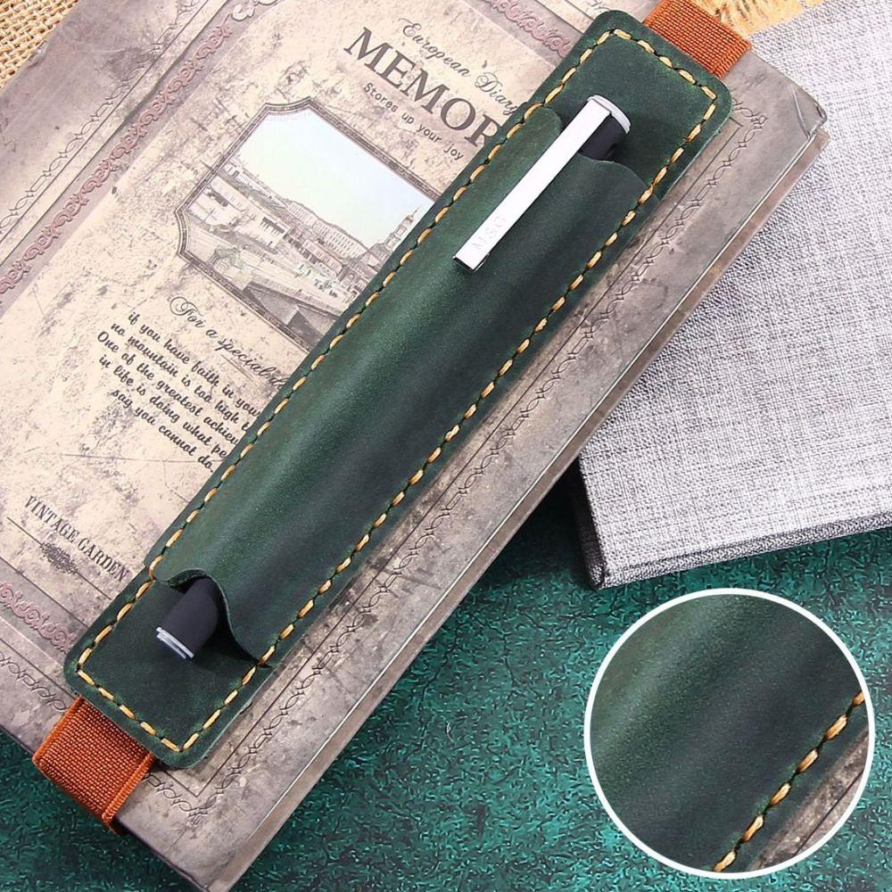 Elastic Band Pen Case Holder Crazy Horse Leather Portable Pen Pouch Leather Pencil Bag  Anime Fan