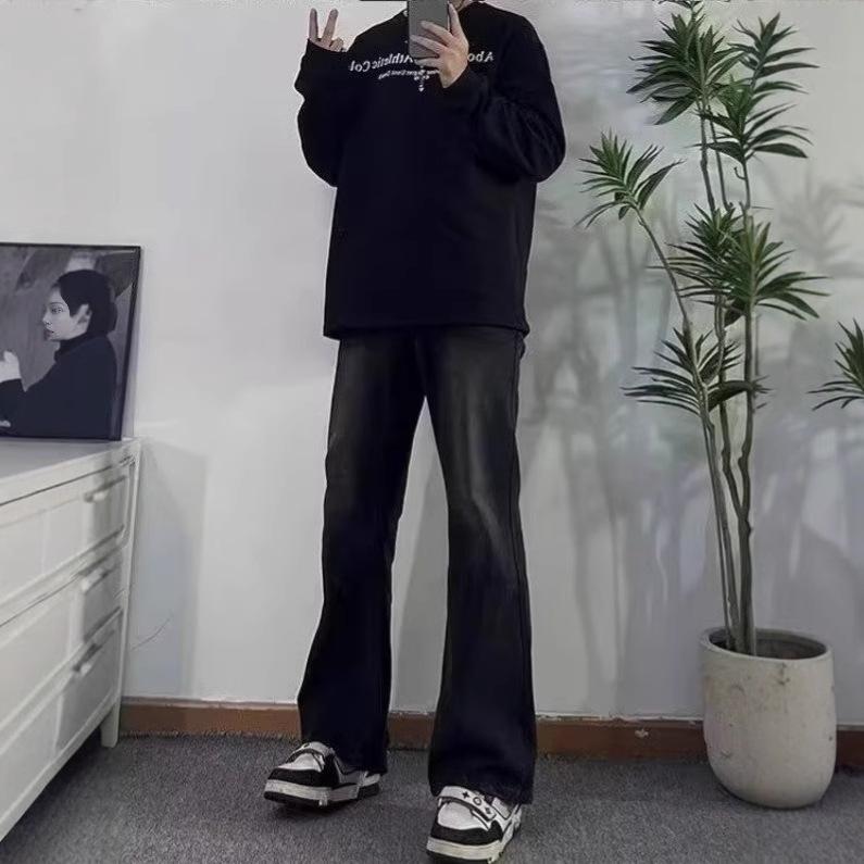 Black micro-pull jeans men's autumn thin straight ruffian handsome high-end pants American retro high street trousers