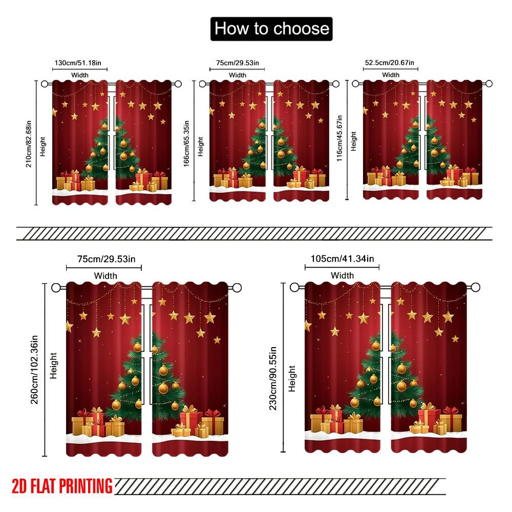2pcs,2D plane printing Pattern Curtains Christmas Tree Gifts Snow (2) Versatile Fabric (without rod) Versatile All Ldeal for