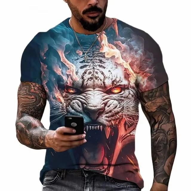 Tiger Fighting Animal Beast Fierce Lion Leopard Printed 3D T-shirt for Men Short Sleeve