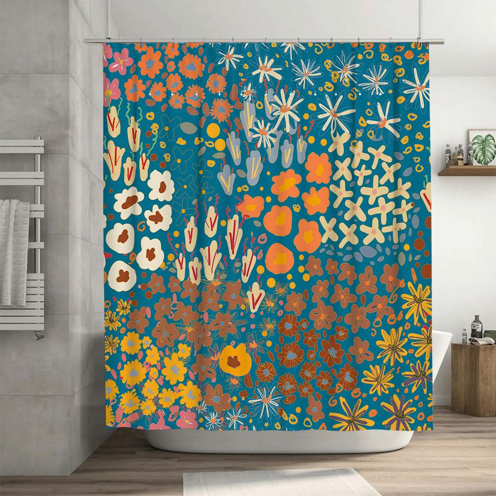 Bright Floral Printed Shower Curtain Waterproof Fabric Decorative Home Bathroom Accessory Modern Blue Orange Flower Design (210x