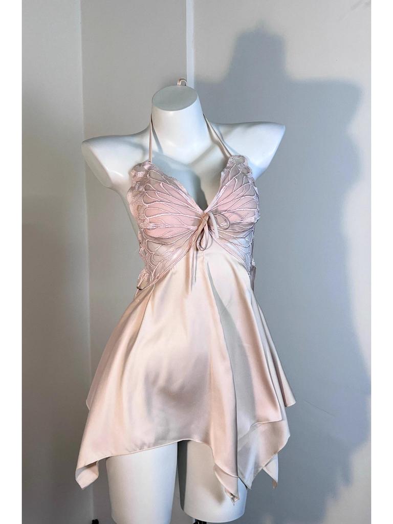 Spicy Nightdress with Chest Pads: Sexy, High-End Ice Silk Homewear for Women, Autumn & Winter, Plus Size, Pure Desire Style with Bow.