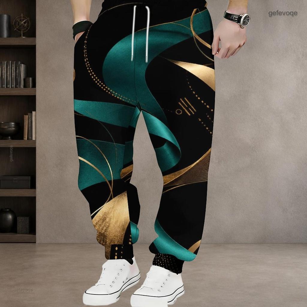 Men S Plus Size Abstract Printed Drawstring Jogger Pants White Grey Beige Cuffed Ankle Side Pockets Trousers
