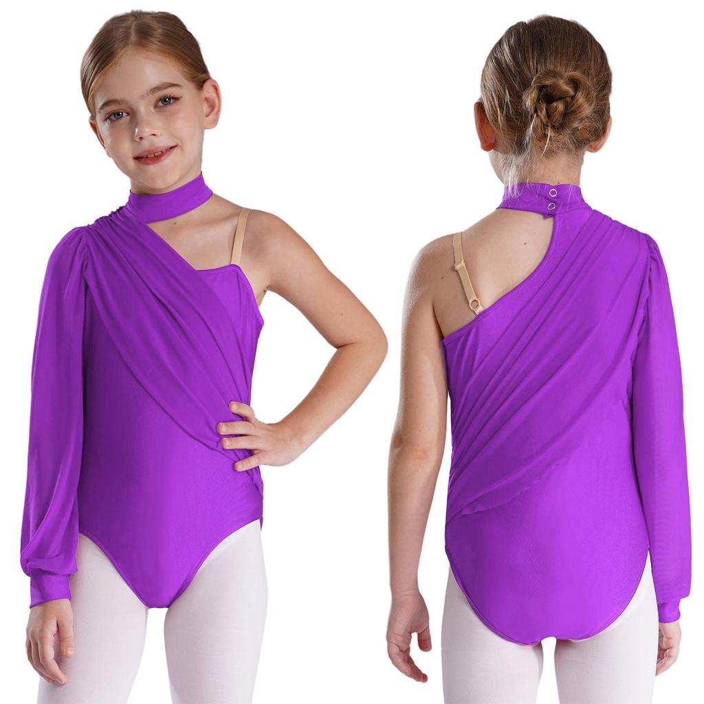 Kids Girls Ballet Jersey Dance Leotards Gymnastics Acrobatics Figure Skating Performance Costume Ruched Mesh Overlay Bodysuit