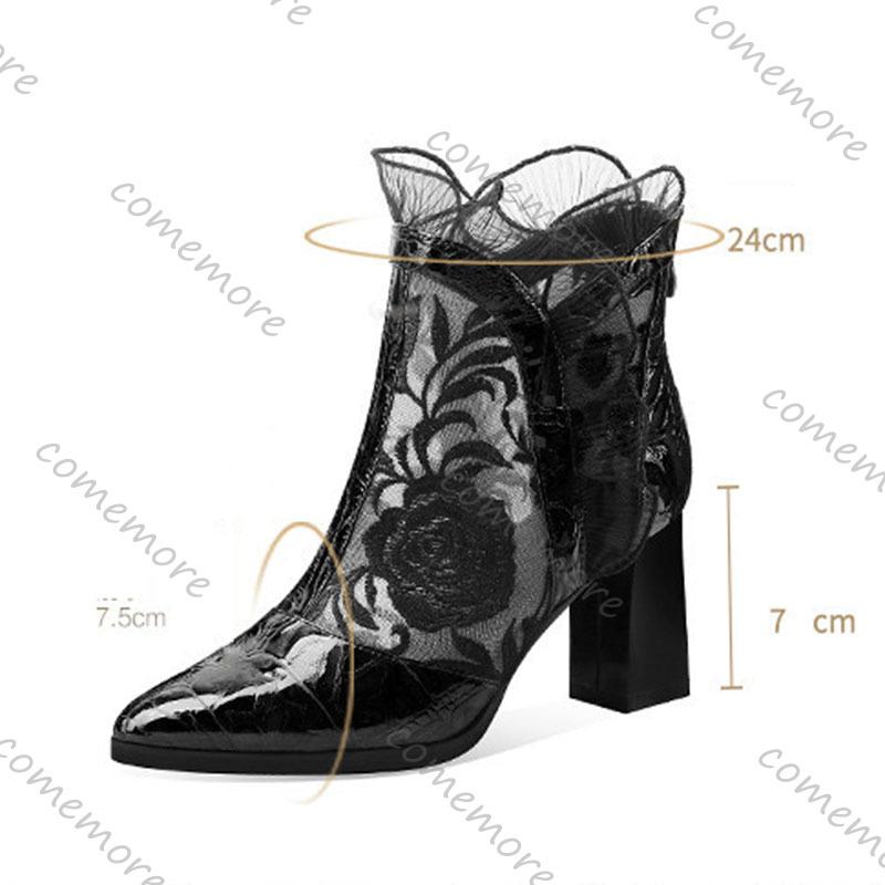 Comemore Spring Summer Lace Mesh High Heels Shoes Ethnic Style Women Ankle Boots Embroider Pointed Short Boot Thick Heeled Pumps