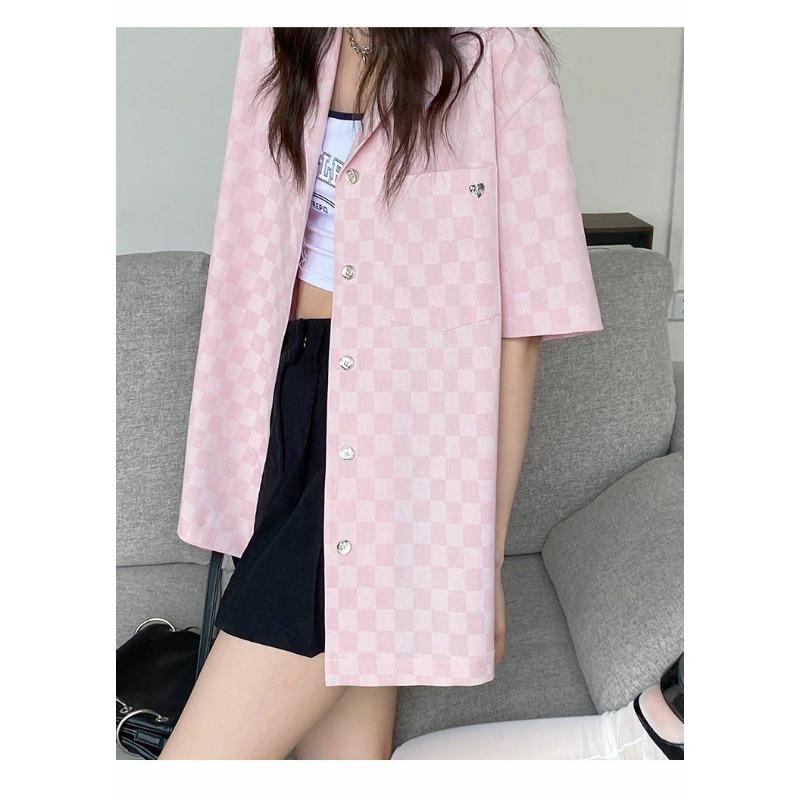 Women's Checkered Short Sleeved Shirts Summer American Style Thin Blouses Loose Casual Versatile Ladies Clothing