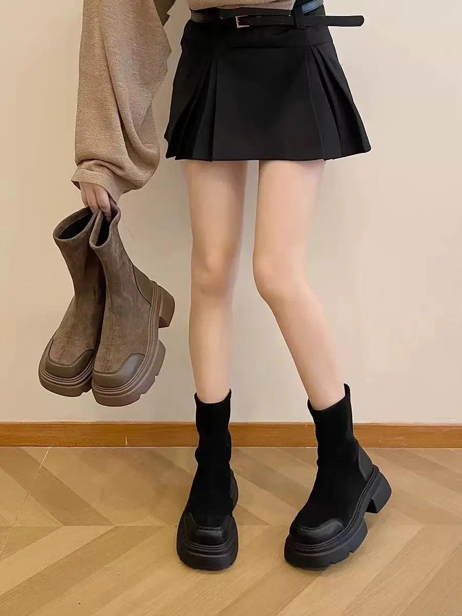 Коричневые ботильоны с круглым носком на платформе — фото 3