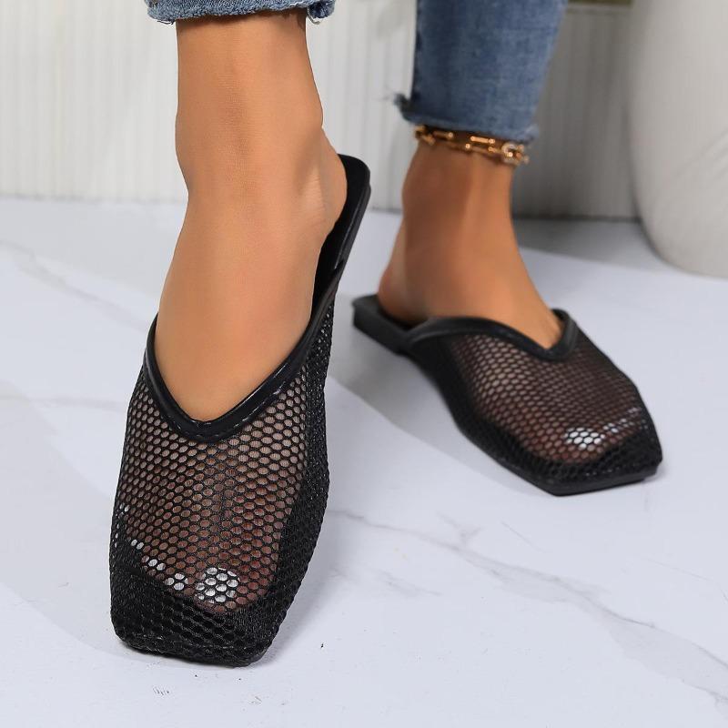Order A Size Up,Leto Ženy Papuče Sexy Mesh Mules Vnútorné Domácnosť Snímky Štvorcová špička Dámske ploché topánky Outdoor Dreváky Plážové sandále Žabky 43