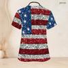 Women Plus Size Keyhole Neck Short Sleeve USA Flag Printed Nurse Scrub Top With Front Pockets
