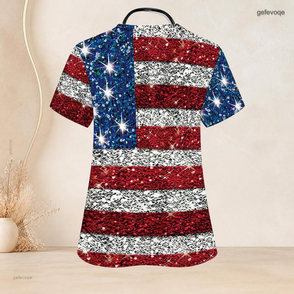 Women Plus Size Keyhole Neck Short Sleeve USA Flag Printed Nurse Scrub Top With Front Pockets