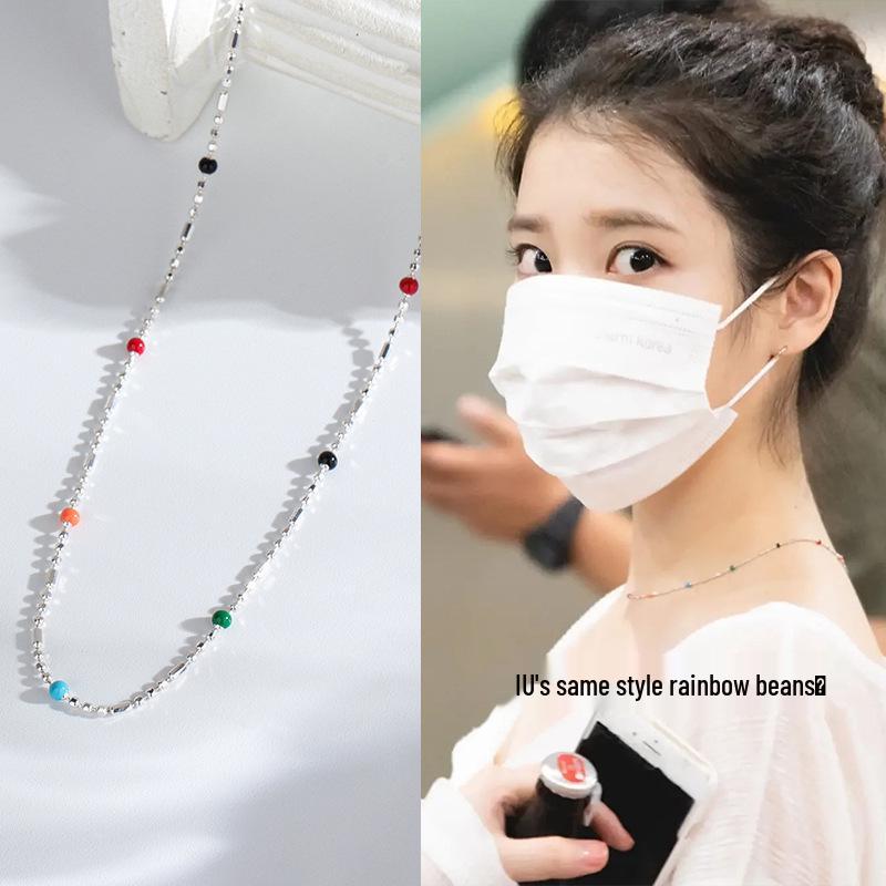 

IU S925 Sterling Silver Rainbow Bean Necklace - Colorful Epoxy Bead, Niche Design for Women. 925 Silver