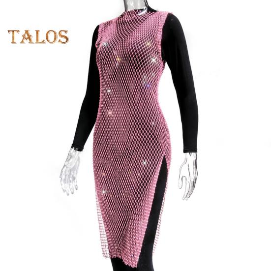 Vestido de rede de pesca com strass brilhante feminino sexy com fenda lateral vazada vestido de praia sem mangas lantejoulas festa biquíni saia