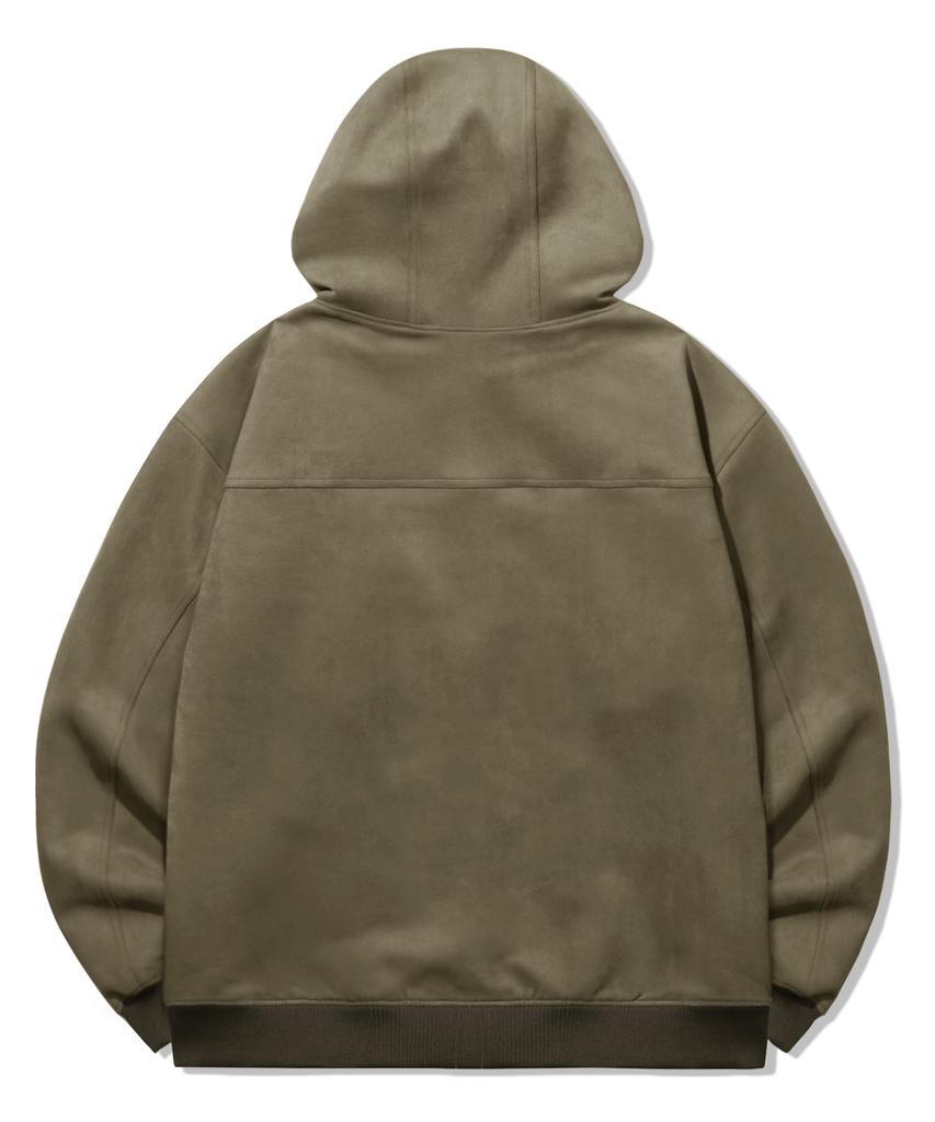 Trillion Leather Patch Suede Work Zip-Up Hoodie_Khaki