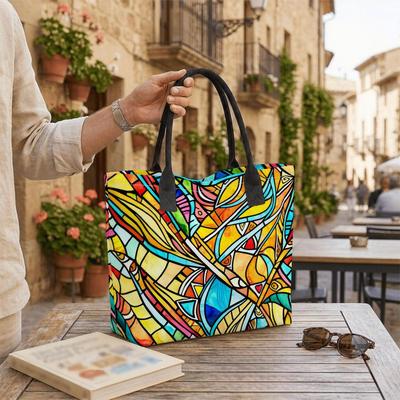  Colorful Stained Glass Style Tote Bag Casual Large Capacity Daily Shoulder Bag for Outdoor Travel Shopping