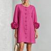 Women's Sleeve Cotton Linen Dress with Three- Floral