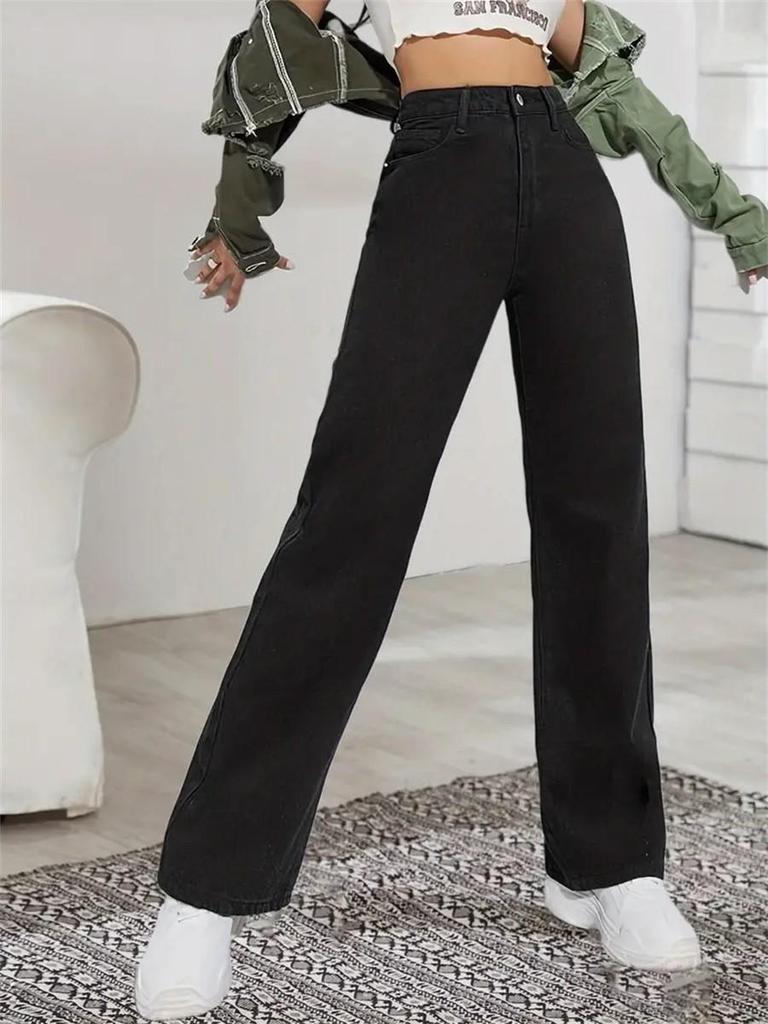 Black Washed Elastic Straight-Leg Women's Jeans
