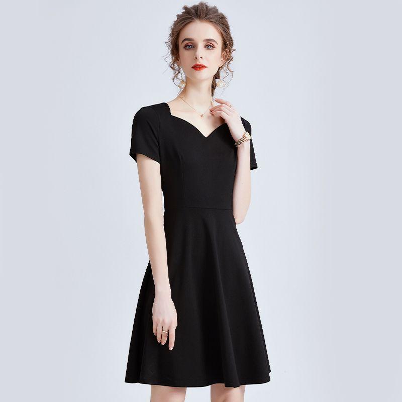 

Short-Sleeved Summer Clothes V Neck Black Professional Slim Fit Dress Black XL